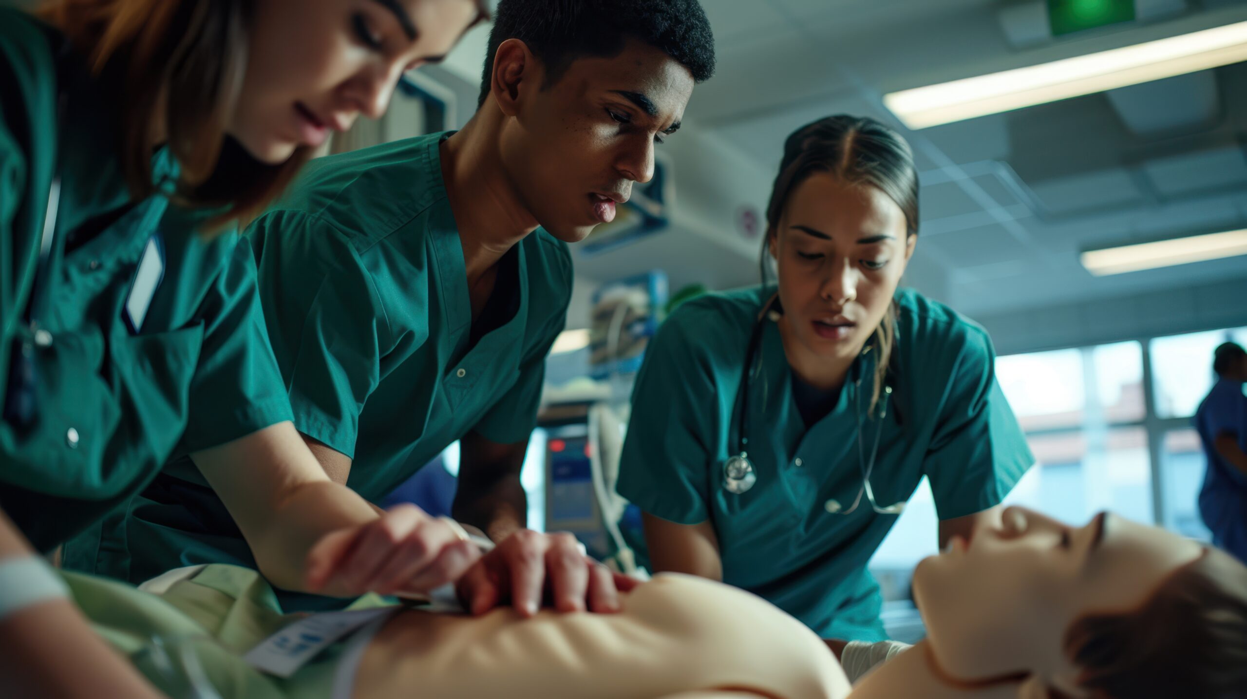 Medical professionals practicing CPR on a mannequin in a hospital setting.