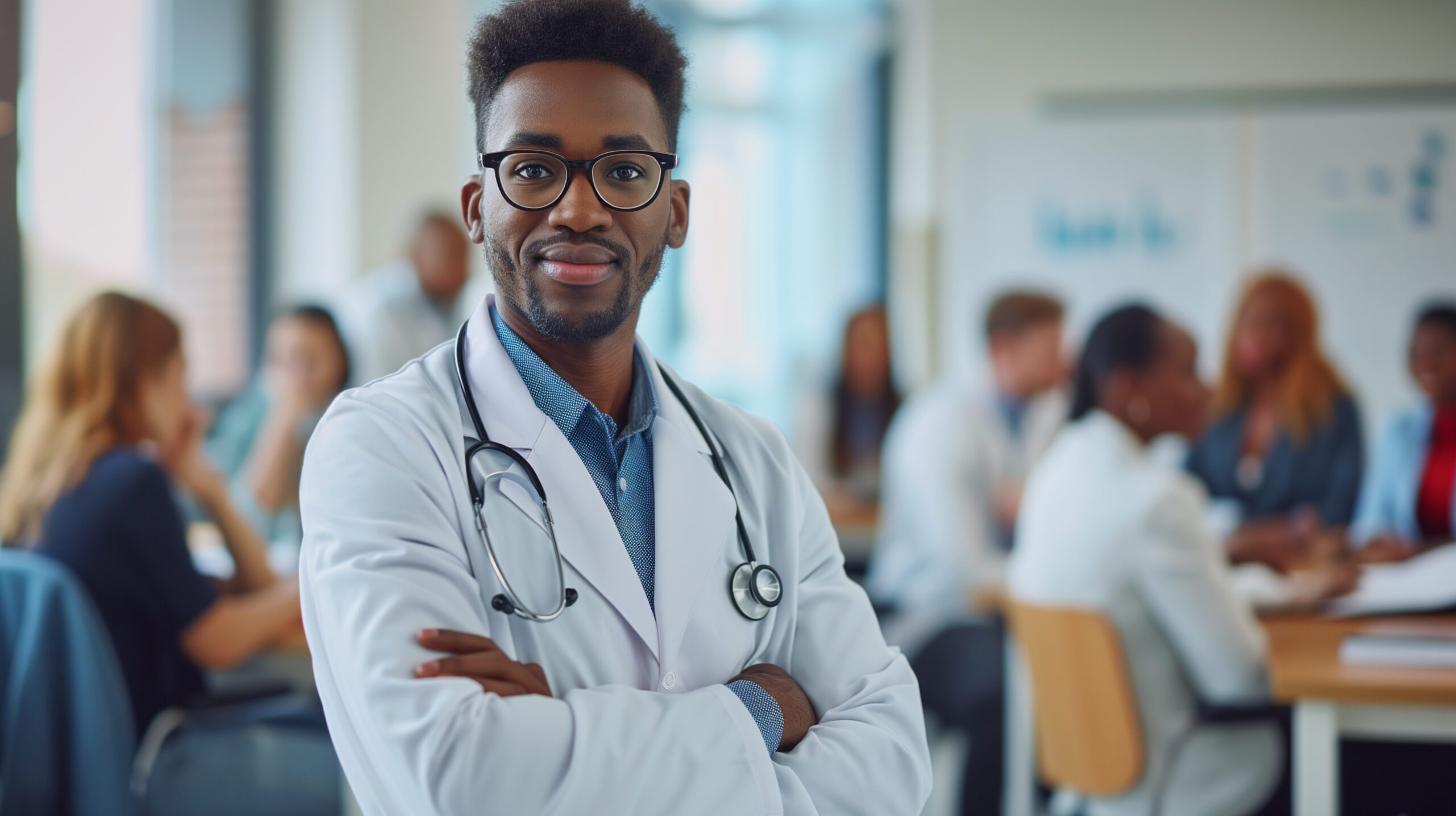 Portrait of a young african american doctor teaching on a seminar at convention center.